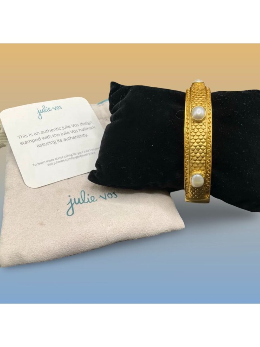 Julie Vos Gold-Plated Hinged Pearl Bangle Bracelet Classic Luxe Design Authentic